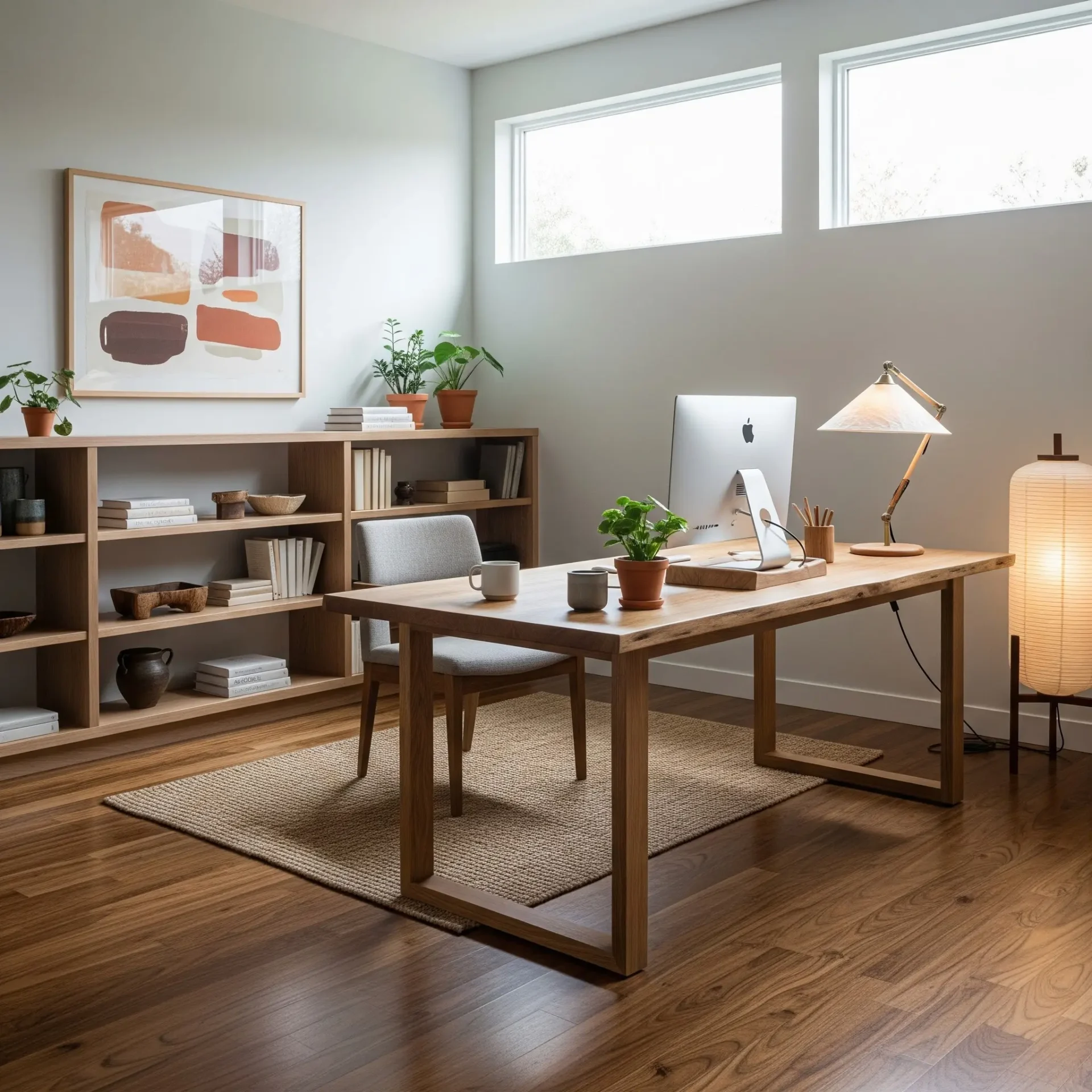 Modern home office with a wooden desk and hardwood floors.
