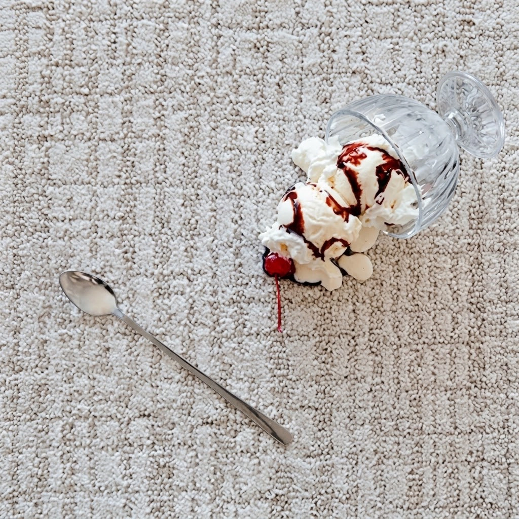 An ice cream sundae and a spoon spilled on a light carpet.