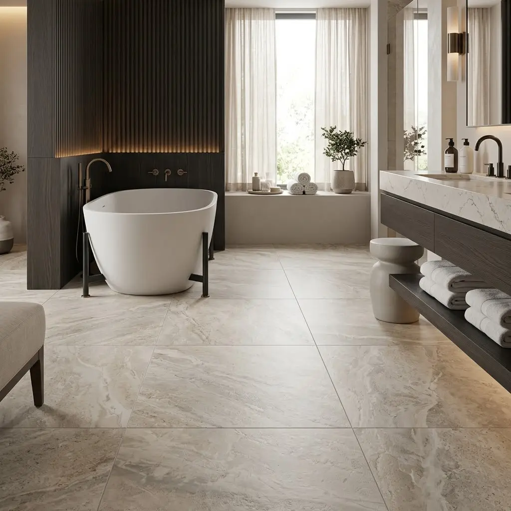 Modern luxury bathroom with large-format stone floor tiles and a freestanding tub.