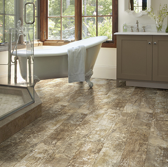 Bathroom with a clawfoot bathtub and rustic wood-look vinyl flooring.