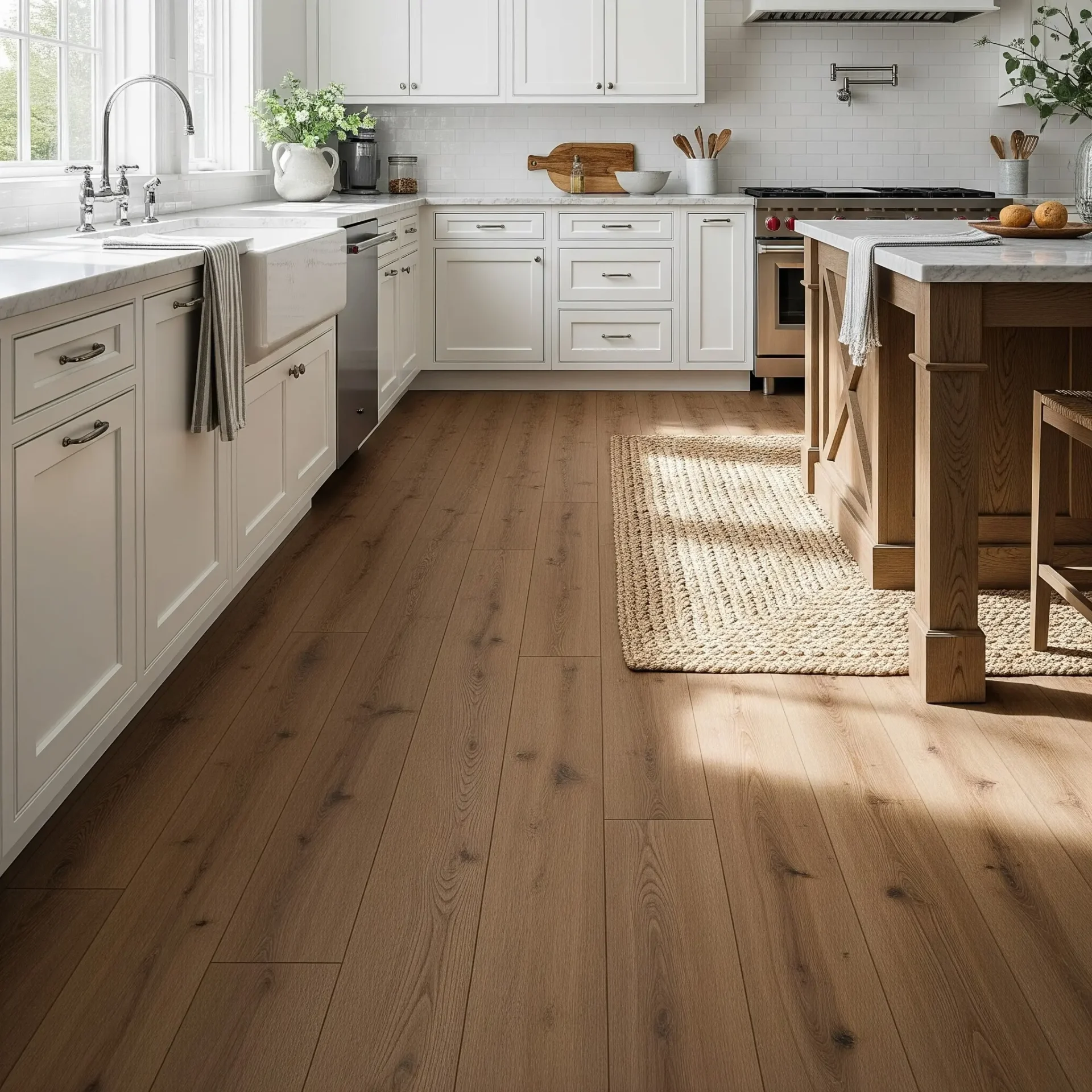 Modern kitchen with light wood plank flooring and white cabinets.