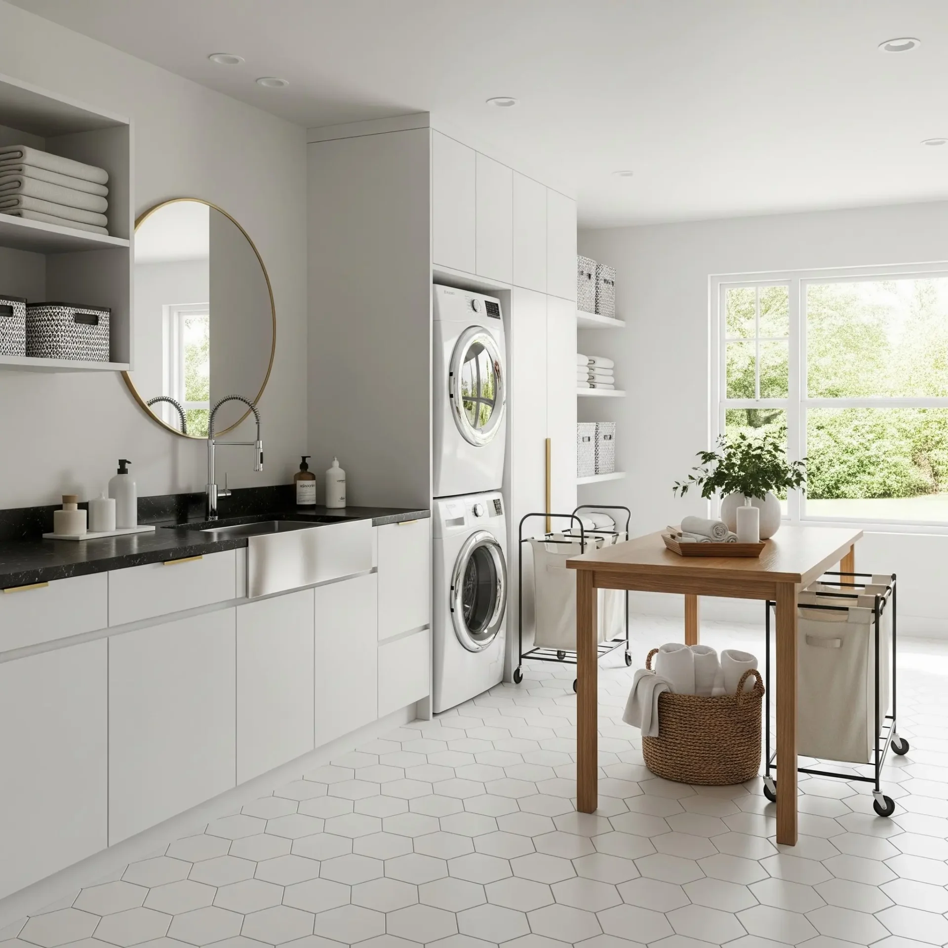 A bright, modern laundry room featuring white hexagon floor tiles, white cabinets, and a wooden island table.